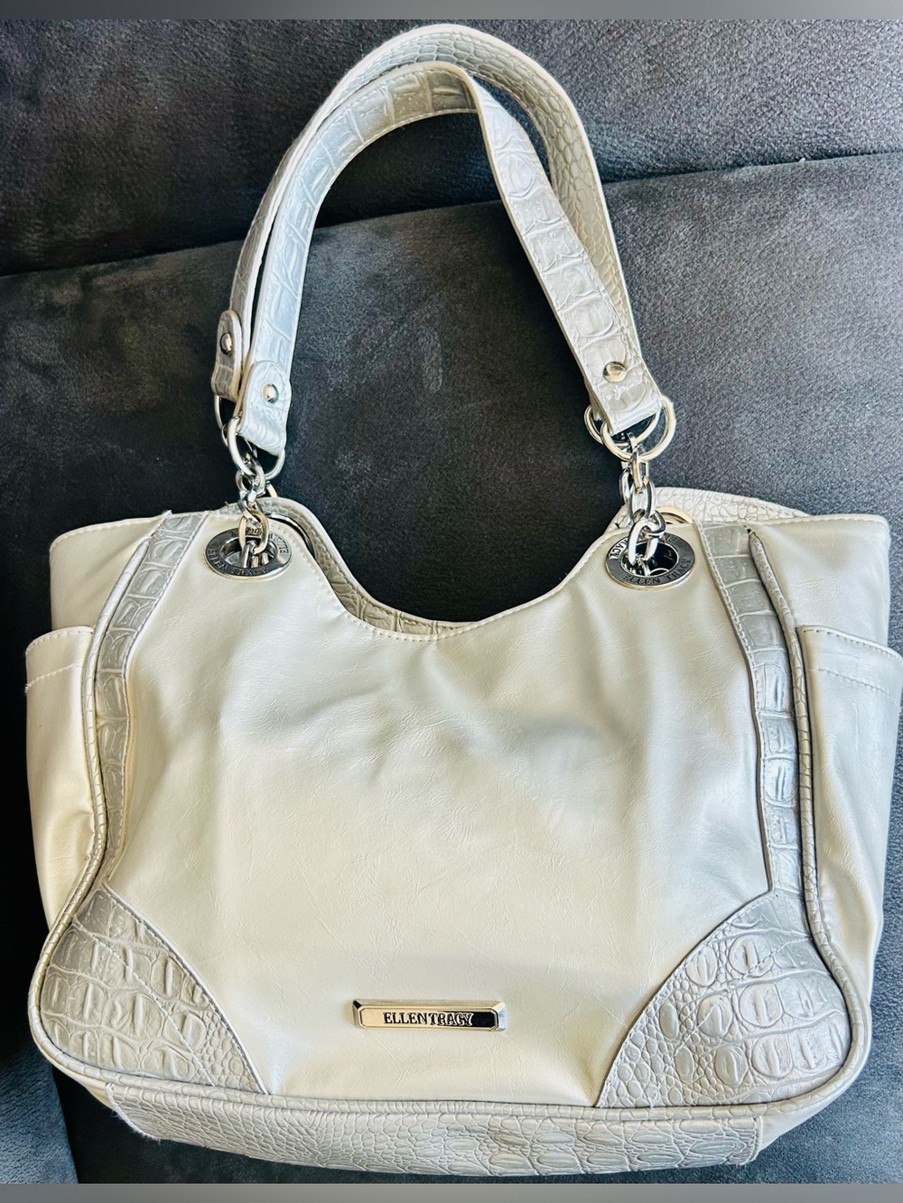 Ellen Tracy Silver Shoulder by Tote with Croc-Trim and Silver Hardware